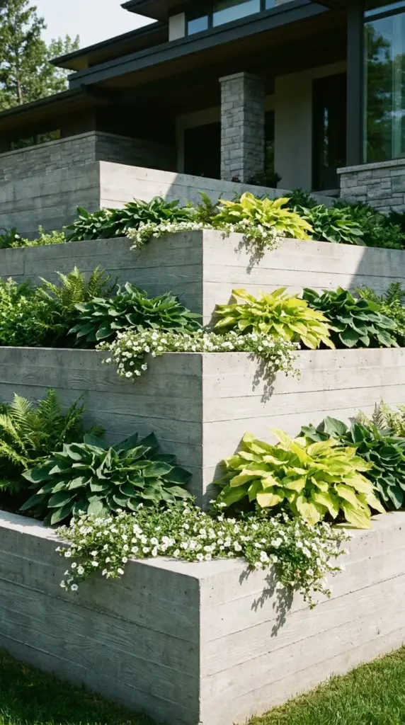 Sleek board-formed concrete retaining walls forming a multi-level terraced garden on an uneven front yard.