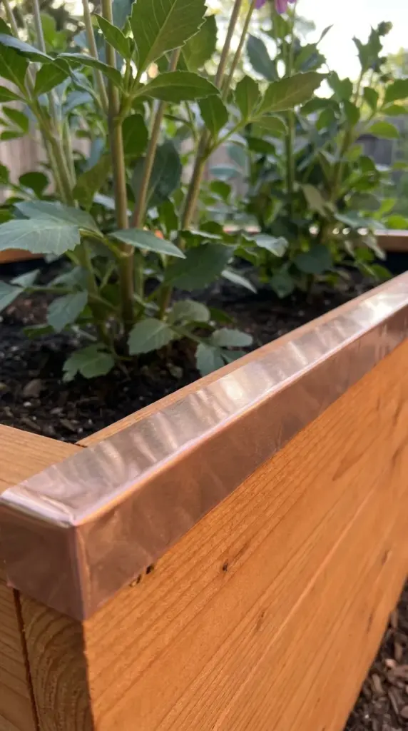 Copper barrier tape applied to a wooden raised bed frame for organic slug and pest control.