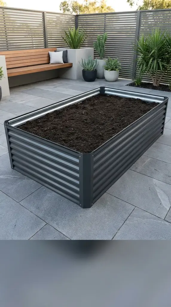 Modern corrugated metal raised garden bed filled with loose, well-draining soil.
