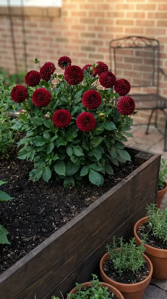 Deep crimson Natal ball dahlia flowers growing compactly in a modern wooden raised bed.