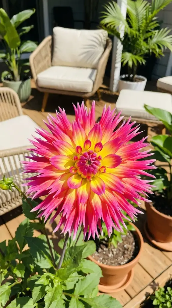 A vibrant neon-pink and yellow Bora Bora cactus dahlia bloom decorating a sunny patio deck.