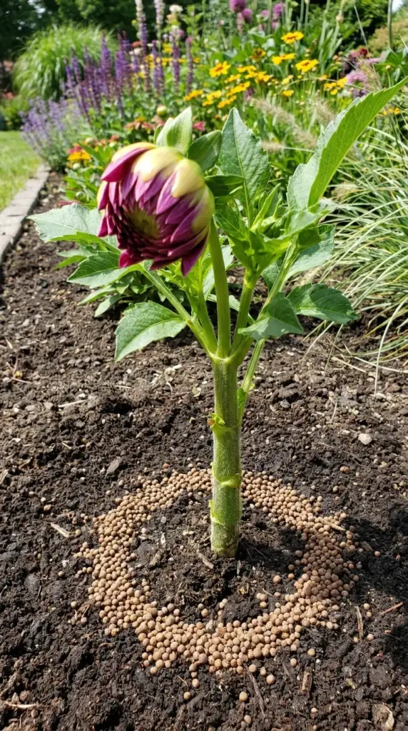 Applying low-nitrogen bloom booster fertilizer to a budding summer dahlia plant.