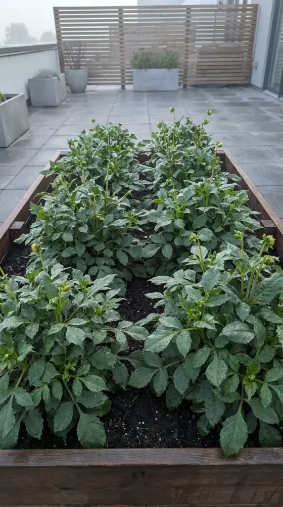 Densely packed dahlia plants in a wooden raised bed showing high moisture and poor airflow causing botrytis blight.