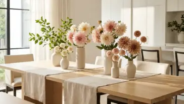 A collection of luxurious dahlia flower arrangements styled on a modern dining room table in bright morning light.