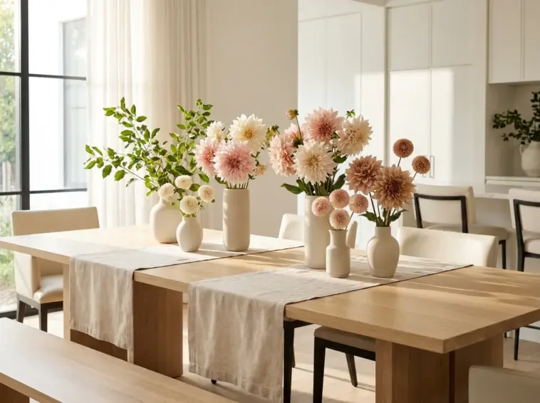 A collection of luxurious dahlia flower arrangements styled on a modern dining room table in bright morning light.