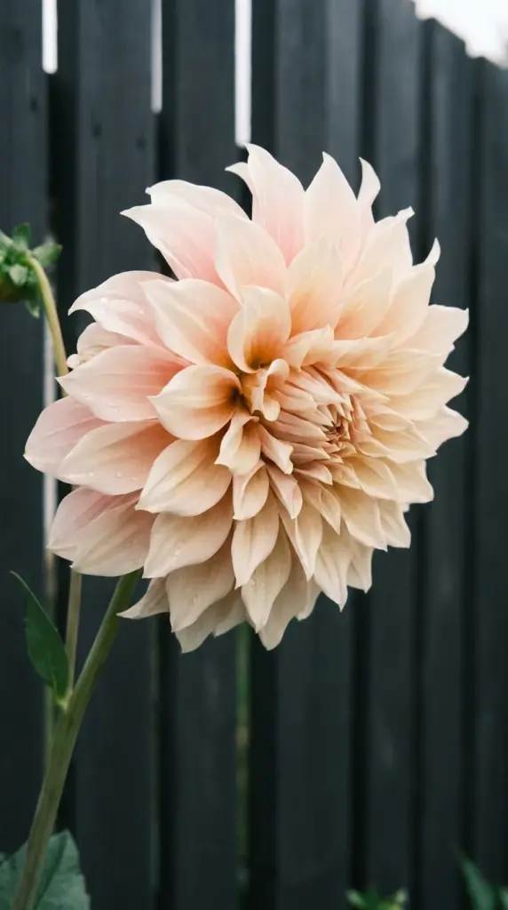Close-up of a massive, creamy blush-pink Café au Lait dinnerplate dahlia bloom in a small garden corner.