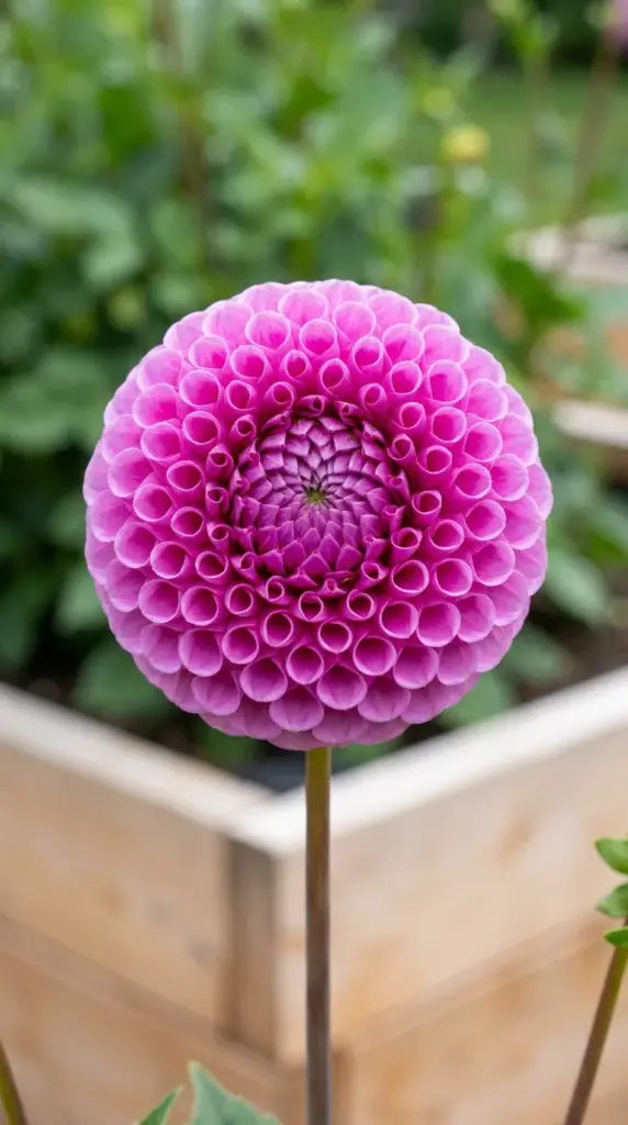 A perfectly round, bright pinkish-purple Franz Kafka pompom dahlia bloom on a single stem with a soft green background.