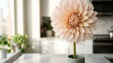 A massive, perfect Cafe au Lait dahlia flower with long stems styled in a bright, modern interior setting.