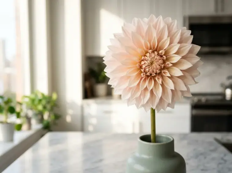A massive, perfect Cafe au Lait dahlia flower with long stems styled in a bright, modern interior setting.