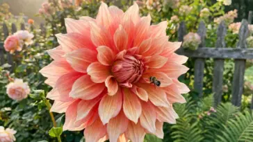 A massive pink dinnerplate dahlia flower blooming in a bright summer backyard garden.