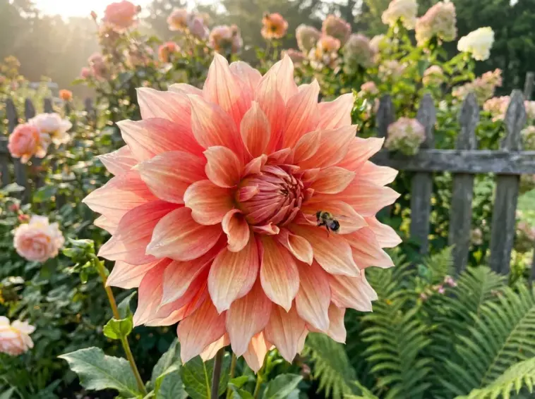 A massive pink dinnerplate dahlia flower blooming in a bright summer backyard garden.