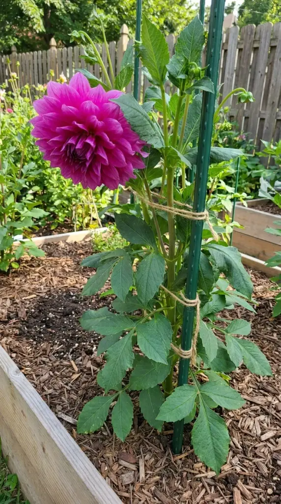 A giant dinnerplate dahlia flower safely supported by a garden stake after successful post-pruning care.
