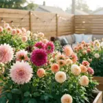 A vibrant display of various dahlia flower varieties growing in a beautifully designed small backyard garden.