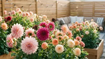 A vibrant display of various dahlia flower varieties growing in a beautifully designed small backyard garden.