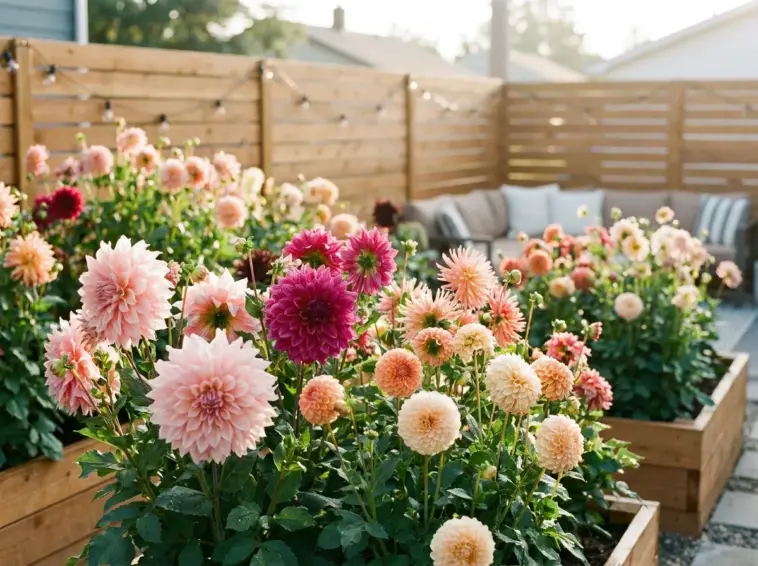 A vibrant display of various dahlia flower varieties growing in a beautifully designed small backyard garden.