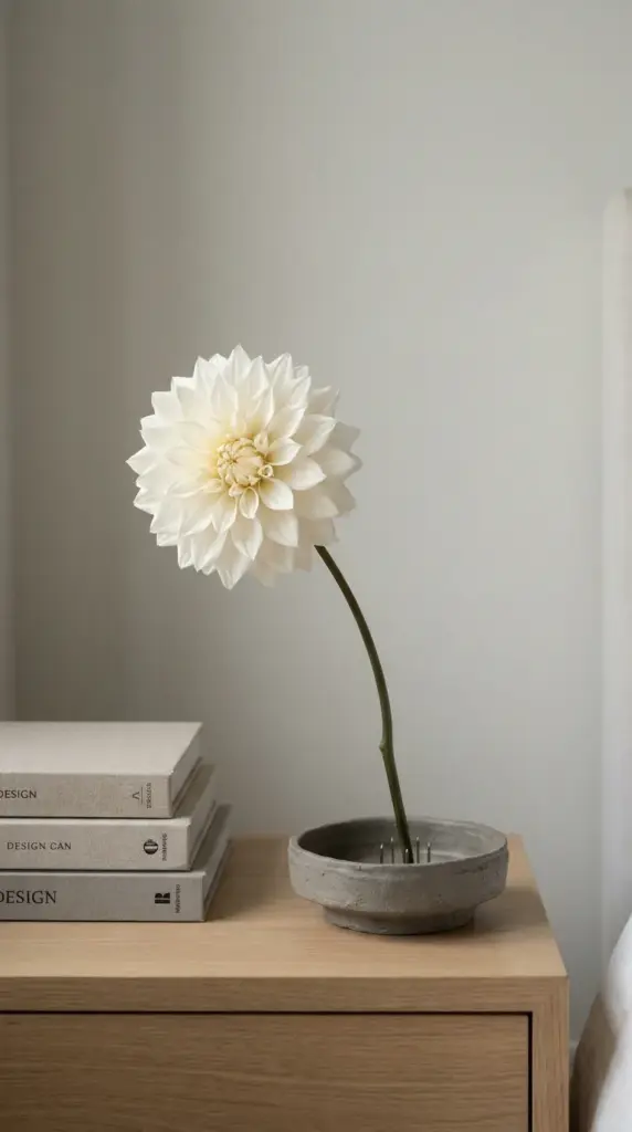 A single minimalist ikebana inspired dinnerplate dahlia flower stem in a textured ceramic dish.