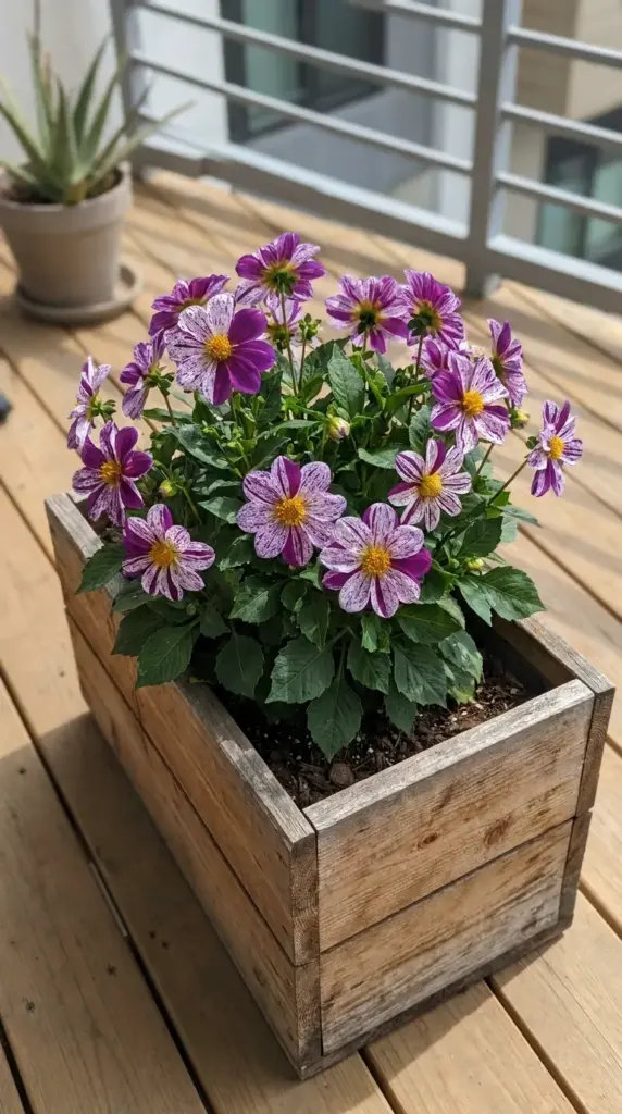 A compact Twynings Smartie dahlia plant with unpredictable purple-and-white bicolor flowers in a wooden planter.