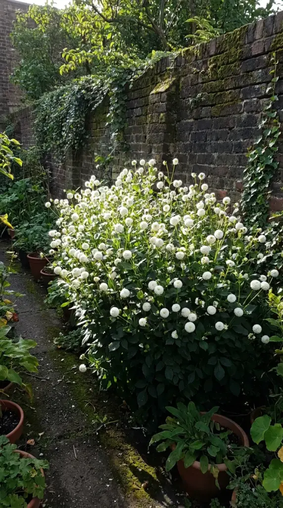 A pristine white Snowflake heirloom pompom dahlia plant brightening up a narrow backyard border.