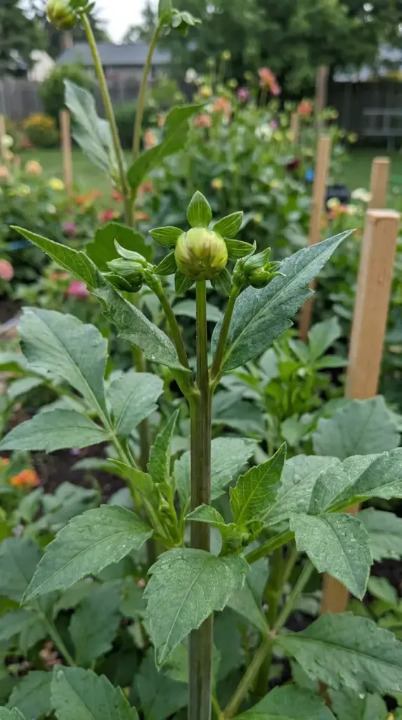 Close-up of a dahlia plant stem showcasing the three-bud cluster with terminal and lateral buds before pruning.