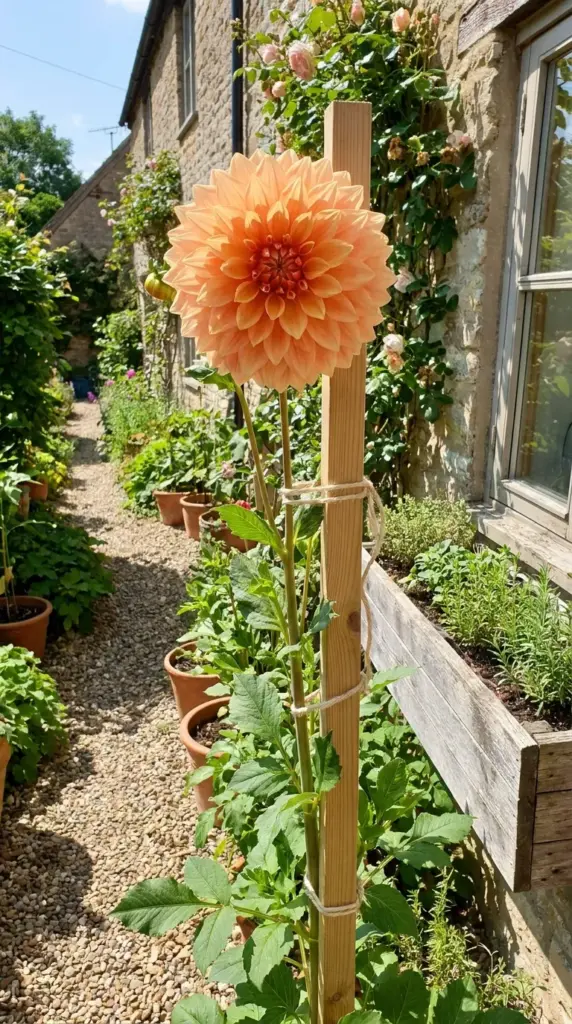 A giant peach-colored Fairway Spur dinnerplate dahlia tied securely to a vertical garden stake.