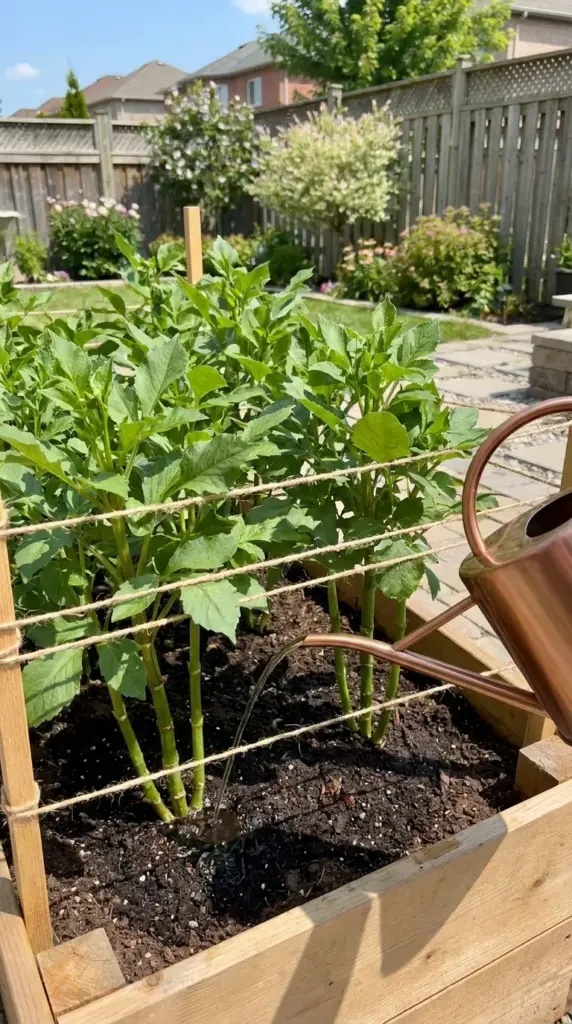 Sturdy dahlia plants supported by twine stakes being watered at the base in a raised bed.