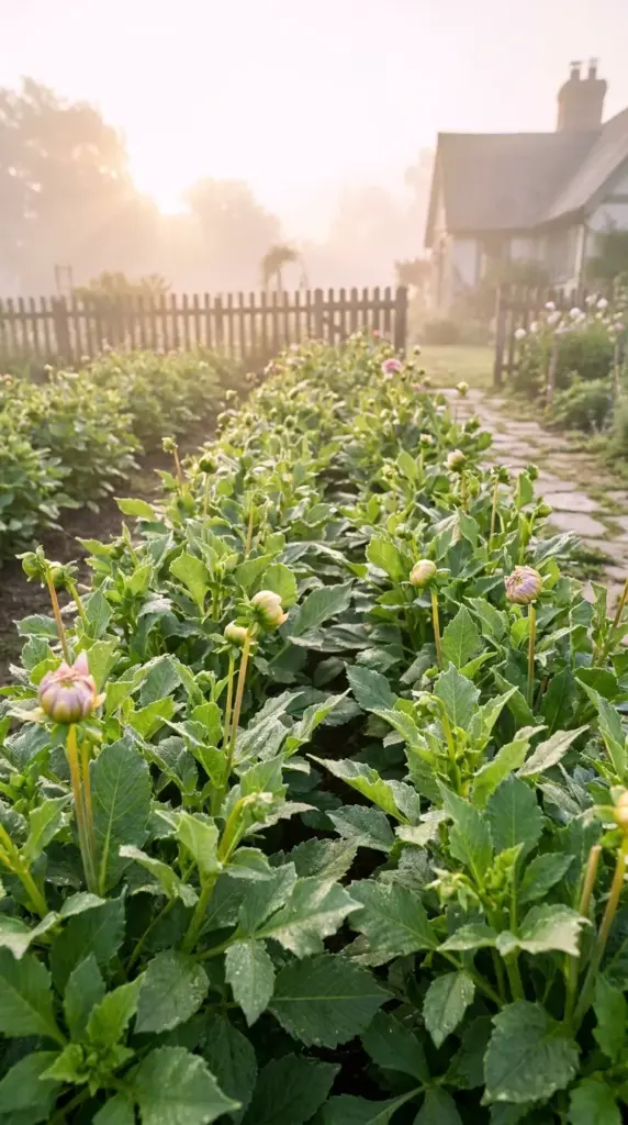 A lush dahlia cutting garden covered in morning dew at the optimal time for flower pruning.