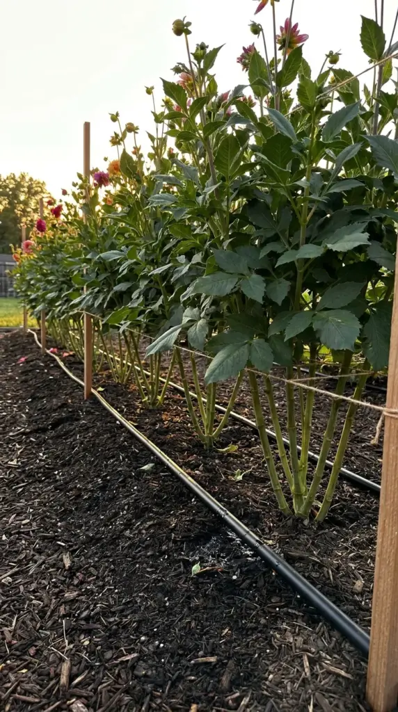 Properly spaced dahlia plants with lower leaves pruned and drip irrigation at the roots for optimal garden airflow and moisture control.
