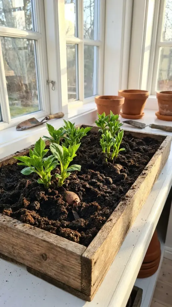 Healthy young green dahlia sprouts breaking through dark organic soil in a wooden indoor seed starting tray during spring preparation.