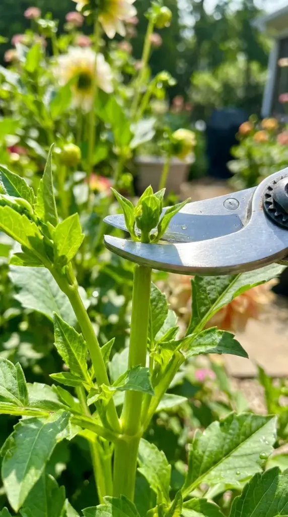 Close-up of garden shears pinching the central stem tip of a young dahlia plant to multiply blooms.