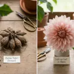 A curated flat lay comparison showing a shriveled brown dahlia tuber next to a massive, beautifully bloomed blush pink Cafe au Lait dinnerplate dahlia flower on a rustic wooden potting bench.