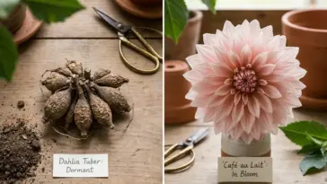 A curated flat lay comparison showing a shriveled brown dahlia tuber next to a massive, beautifully bloomed blush pink Cafe au Lait dinnerplate dahlia flower on a rustic wooden potting bench.