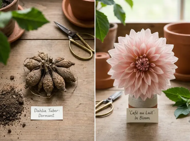 A curated flat lay comparison showing a shriveled brown dahlia tuber next to a massive, beautifully bloomed blush pink Cafe au Lait dinnerplate dahlia flower on a rustic wooden potting bench.