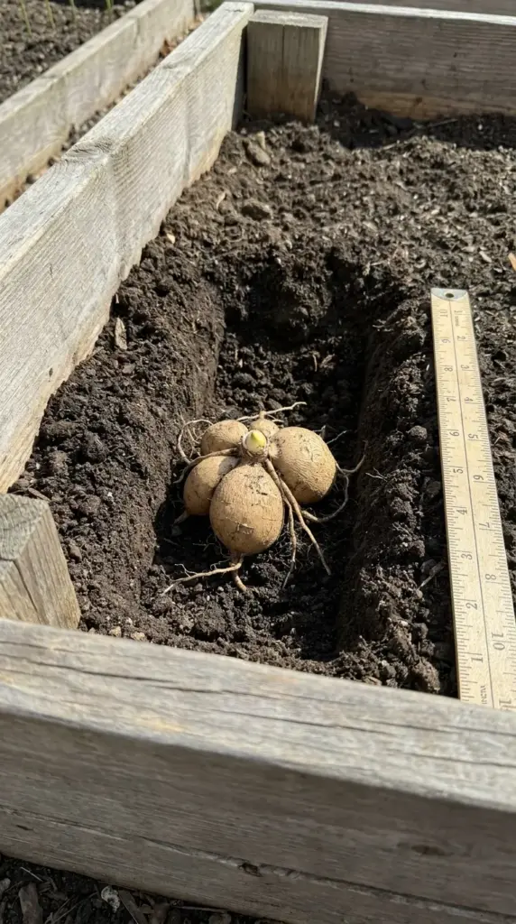 A dahlia tuber placed flat on its side with the eye pointing upwards in a garden trench.