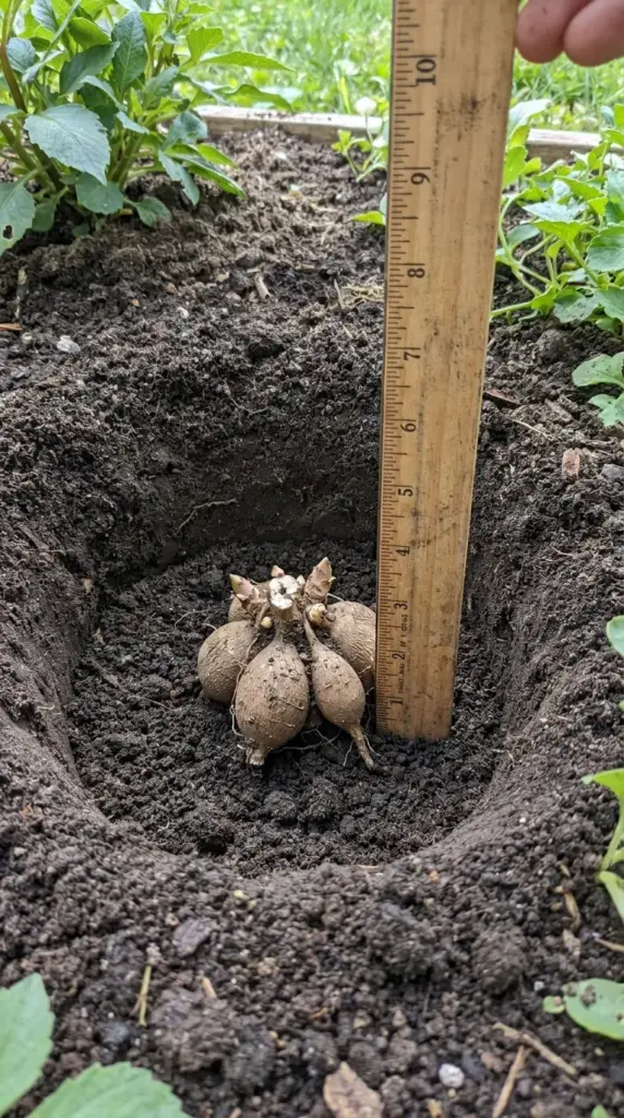 Planting a dahlia tuber horizontally at the optimal depth in loose garden soil.