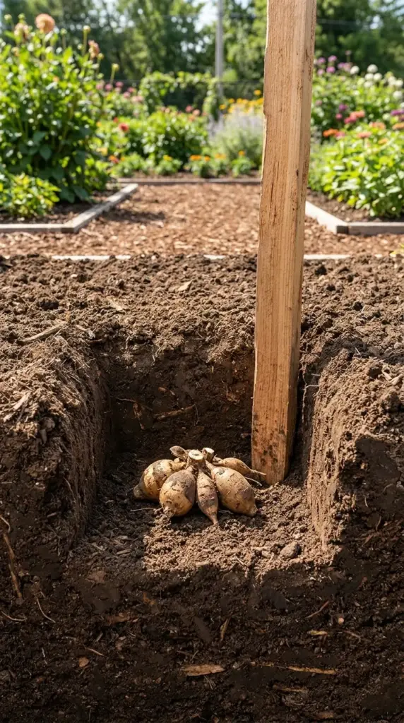 Proper backyard dahlia planting layout showing a tuber placed horizontally in a six inch deep hole right next to a pre installed wooden support stake.