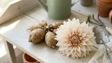 Healthy dahlia flower tubers laid out neatly on a bright wooden garden workbench with a fresh pink dahlia bloom.