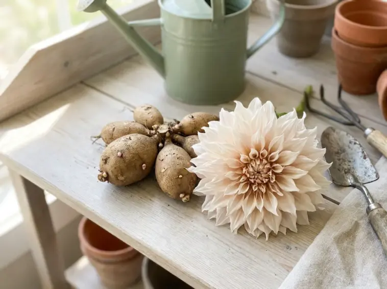 Healthy dahlia flower tubers laid out neatly on a bright wooden garden workbench with a fresh pink dahlia bloom.