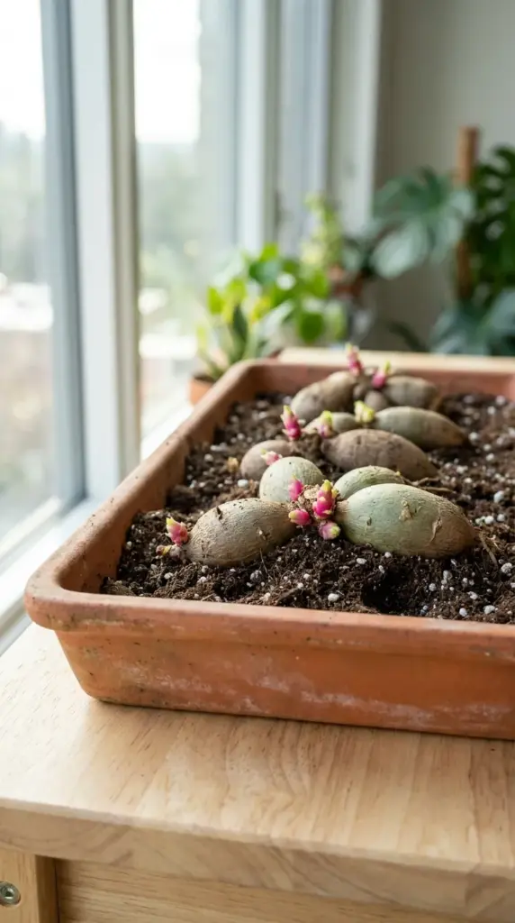 Sprouting dahlia tubers waking up early indoors in a terracotta seed tray.