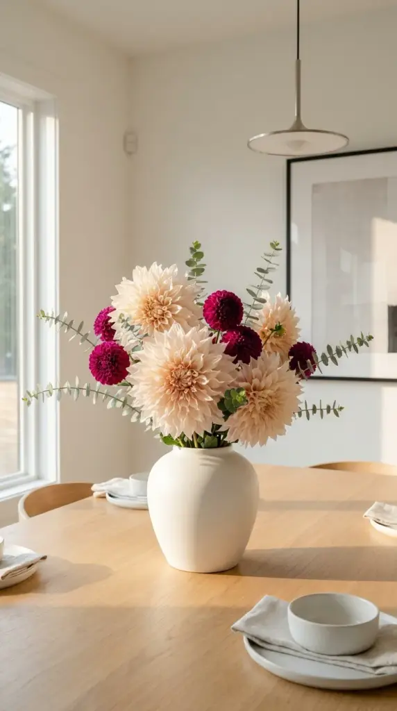 A luxurious home decor floral arrangement showcasing massive blush pink Cafe au Lait dinnerplate dahlias and plum magenta ball dahlias in a modern ceramic vase.