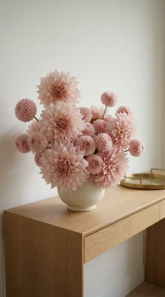 A monochromatic blush pink dahlia flower arrangement in a neutral ceramic vase on a modern entryway table.