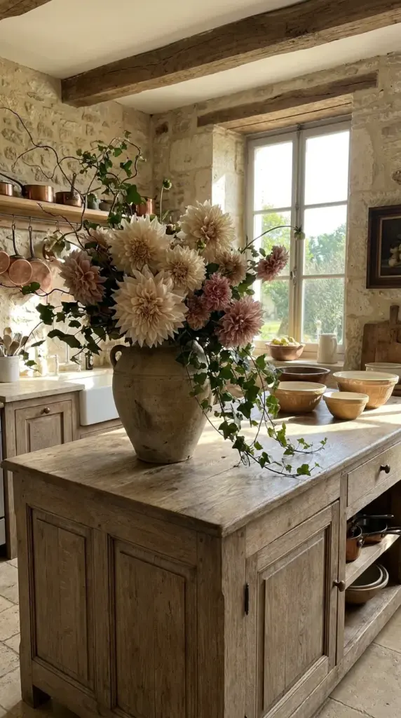 A lush overflowing arrangement of creamy Cafe au Lait dahlias inside a rustic stone garden urn.