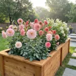 Beautiful dahlia flowers growing vigorously in a wooden raised bed in a backyard garden.