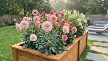Beautiful dahlia flowers growing vigorously in a wooden raised bed in a backyard garden.