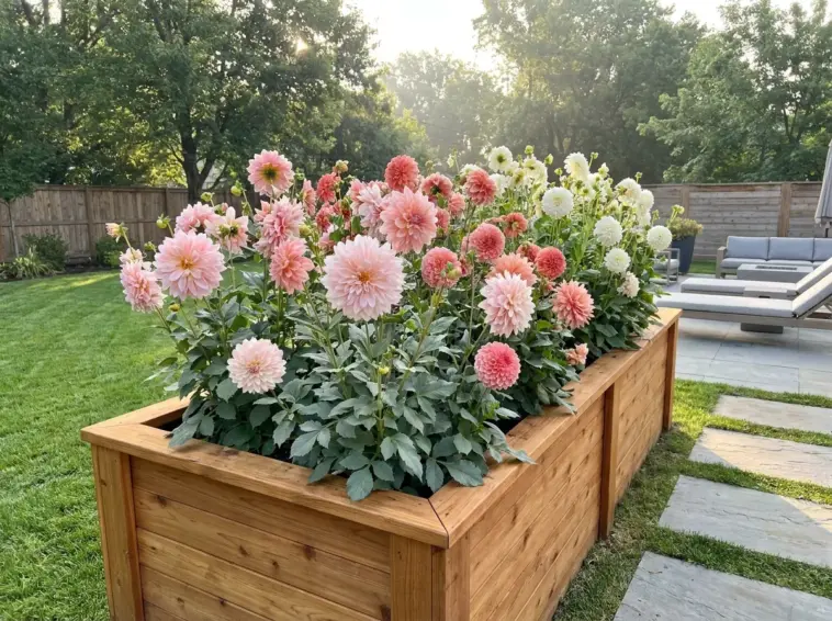 Beautiful dahlia flowers growing vigorously in a wooden raised bed in a backyard garden.