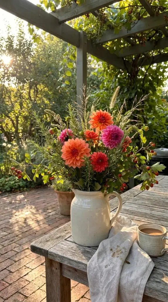 A casual deconstructed wildflower style dahlia arrangement inside a vintage ceramic milk jug on a patio.