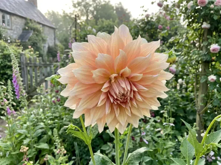 A massive dinnerplate dahlia flower blooming beautifully in a sunny open-air backyard garden.
