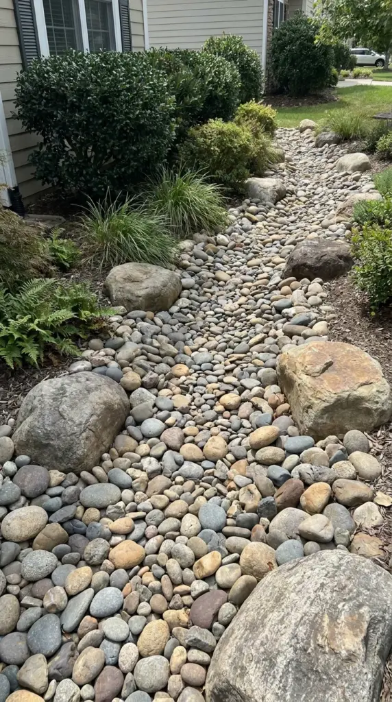 Decorative dry creek river rock bed designed for front yard drainage.