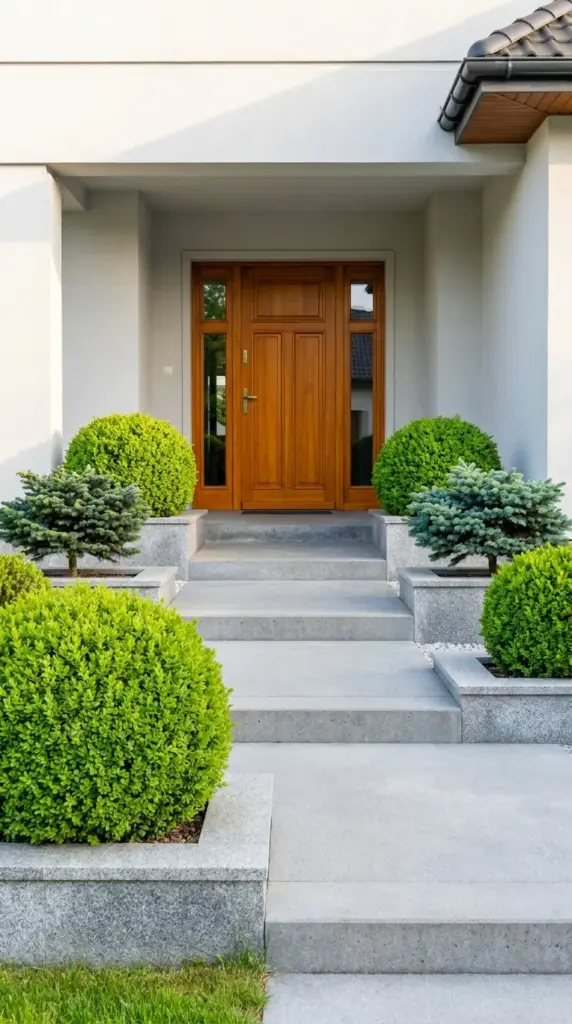 Dwarf conifers and boxwood evergreens framing a small front porch entryway.
