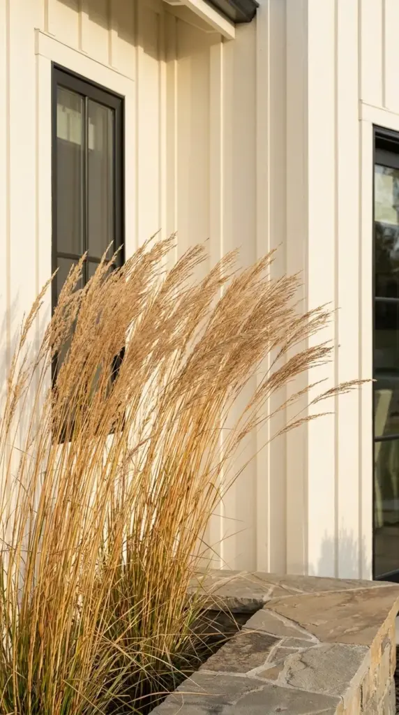 Tall architectural feather reed grass adding height to a small front yard layout.