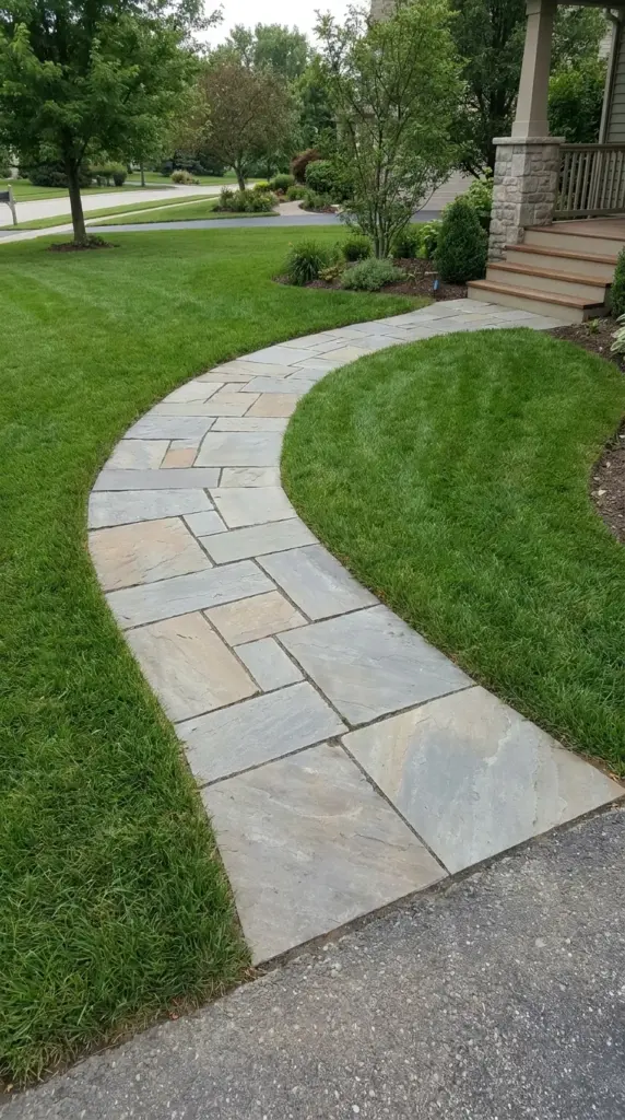 A custom curving flagstone pathway extension laid perfectly flush and level into a green grass lawn.